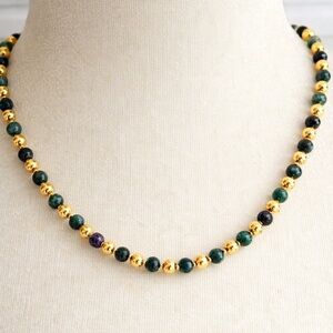 Gold Green Red Beaded Necklace by BELLEZZA stamped Italy